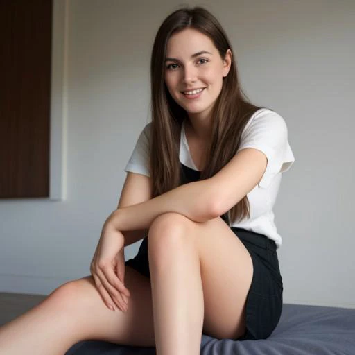 a girl, sitting with hugging knees,anatomy correct,calm and relaxed,little smile, watching at me,