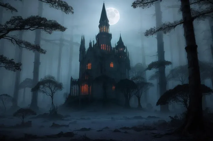 professional raw color photo, best quality, ultra detailed, moon casts an ethereal glow ,Glowing flora,Nocturnal creatures, moon's silvery light, glowing portals, swirling vortexes, shimmering auras, Eerie, darkness, gothic,crumbling castles, abandoned asylums, mist-shrouded forests,
