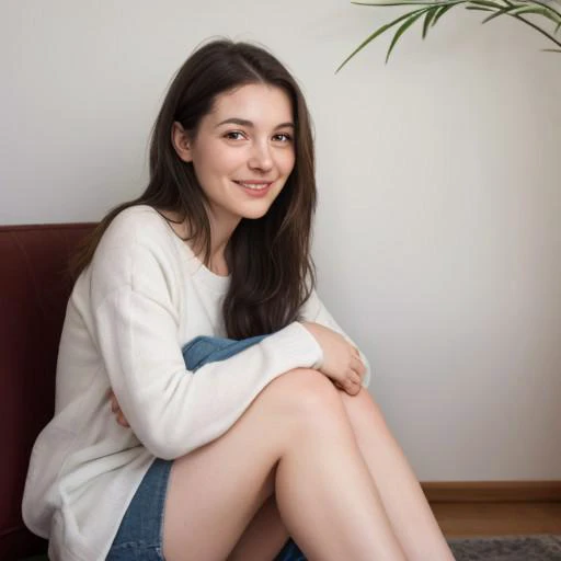 a girl, hugging knees,anatomy correct,calm and relaxed,little smile, watching at me,