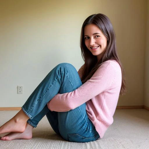a girl, hugging knees,anatomy correct,calm and relaxed,little smile, watching at me,