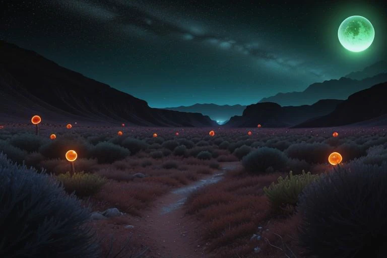 The barren landscape stretches out as far as the eye can see, dotted occasionally by jagged rocks or patches of sparse vegetation that seem to defy survival on such harsh conditions alone.
Amidst these desolate surroundings lies a small yet intriguing ecosystem - an alien biosphere full of diverse and exotic species. These organisms display neon blue or neon orange based on Bacteriophage activity. Some resemble elongated jellyfish floating near rocky formations while others exhibit colors unseen before; their bodies pulsating with bioluminescence providing illumination to the surrounding darkness.
The planetoid's atmosphere is thick with gases that make visibility highly variable in the alien biosphere.