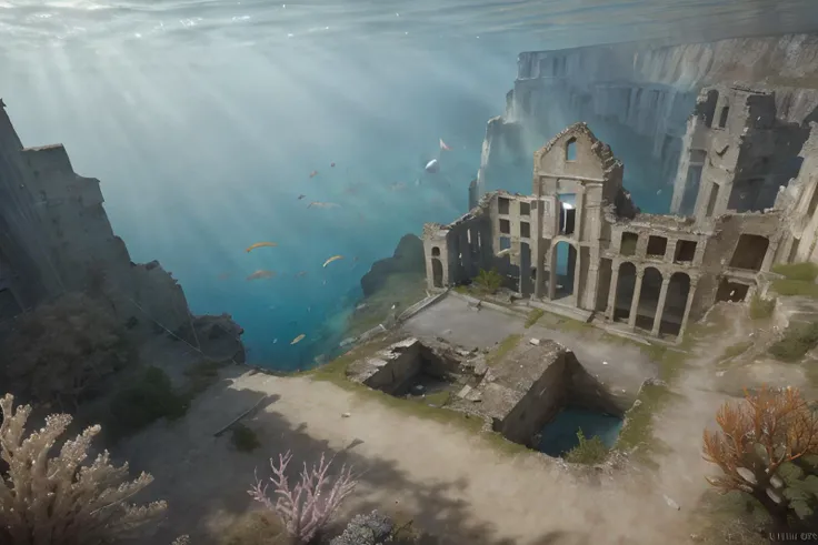 best quality, masterpiece, radiosity, photon mapping, dutch angle, landscape , fantasy, colonnade, from above, (distant view:1.1), (underwater:1.3), (ruins, fish flock:1.4), (deep sea:1.2), in the sea, glow , <lora:ReaLora:1>, <lora:backlight_slider_v10:-0.4>, (canyon:1.3), lihgt shining in, realistic, reality, RAW photo, photorealistic