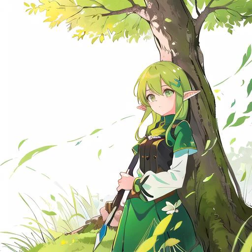 highest quality, clean lines, masterpiece, beautiful eyes,
<lora:RenaV2:.6> rena_erindel, 1girl, pointy ears, green eyes, green hair, elf,
standing on tree stump, calm expression