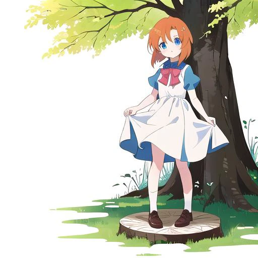 highest quality, clean lines, masterpiece, beautiful eyes, 
 <lora:renatest:1> rena ryuuguu, blue eyes, short hair, orange hair, dress, 
standing on tree stump, calm expression