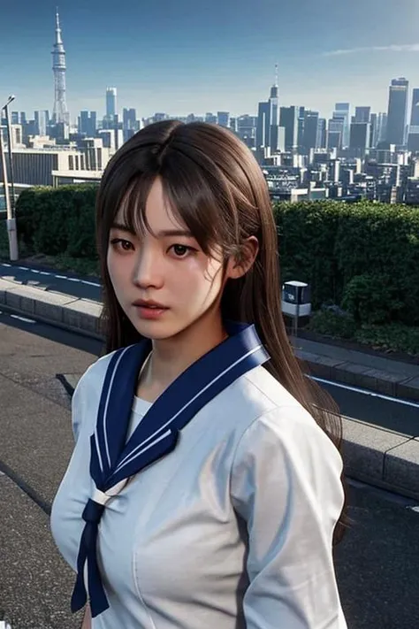 unreal engine render, Ray Tracing, ultra quality, 1girl, japanese high schooler, wearing sailor uniform, photorealistic textures, upperbody, realtime positional lighting, big city, realtime rendering, attractive face <lora:Unreal Engine Render:0.6> detailed background, <lora:hotarublurbk_v100:-1>