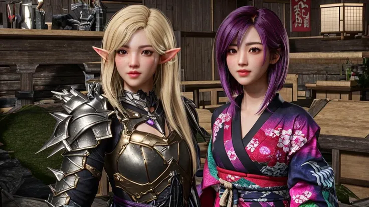 1girl, 720p resolution, unreal engine render, Ray Tracing, ultra quality, (korean cute face), elf, hunter, (expressive:0.8), immersive hair, wearing fantasy armor, video game background, ultra texture, upperbody, realtime positional lighting, mmorpg, inside tavern inn, realtime rendering, bloom, color grading, attractive face <lora:Unreal Engine Render:0.7> detailed fantasy background, <lora:hotarublurbk_v100:-0.9> blonde BREAK 1girl,(japanese cute face), multicolored hair, (expressive:1.5), wearing fantasy kimono