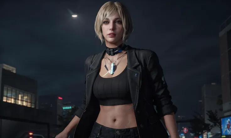 Ashley graham, resident evil 4, masterpiece,best quality, 1girl, (cyberpunk outfit), cargo pants, cropped short jacket, clevage, blonde hair, third person shooter gameplay, in night town, upperbody shot <lora:Unreal Engine Render:0.6> unreal engine render, ray tracing, unreal engine, 3d render, metahuman, neon lights, detailed background, city lights, videogame render, young face <lora:AshleyGrahamRE:0.8> medium bob hair, cyberware implants, close up, neck chocker, LOOK AT CAMERA