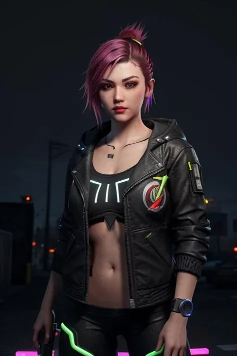 masterpiece,best quality, 1girl, cyberpunk, street jacket, multicolored hair, third person shooter gameplay, in night town, upperbody shot  <lora:Unreal Engine Render:0.6> unreal engine render, ray tracing, unreal engine, 3d render, metahuman,  neon lights, detailed background, city lights, japanese face, videogame render