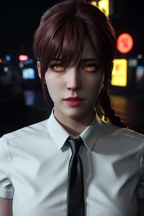 3d,cgi masterpiece, best quality, girl, menacing, full makeup, (ulzzang-6500:0.5), makima \(chainsaw man\), photorealistic 3d render, upperbody, low lighting, big city, attractive face, <lora:makima_offset:0.7> red hair)+(long braided hair)+(bangs), yellow eyes, golden eyes, ((ringed eyes)), (white shirt), (necktie) <lora:Unreal Engine Render:0.6> unreal engine render, ray tracing, unreal engine, 3d render, metahuman, neon lights, detailed background, city lights, videogame render, japanese