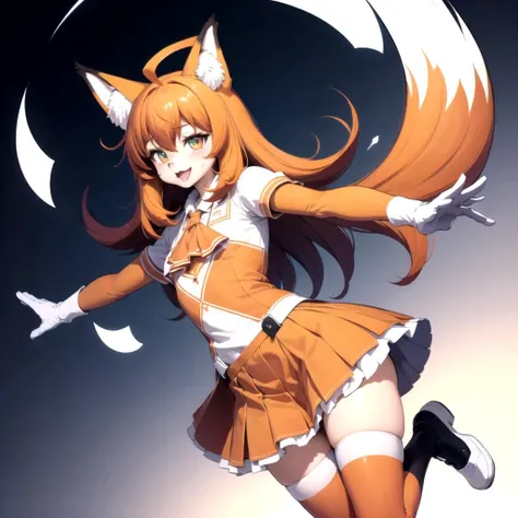 masterpiece, best quality, stadia-chan, huge ahoge, multicolored eyes, ascot, white shirt, orange skirt, white gloves, orange thighhighs, white shoes, <lora:stadiachan-nvwls-v1:0.8>, fox, body_fur, Beautiful Art Style, 1girl, young woman, Gatekeeper, vibrant, fantasy city, outstretched arms, <lora:HorokusaKitsune-LoCon32:1>