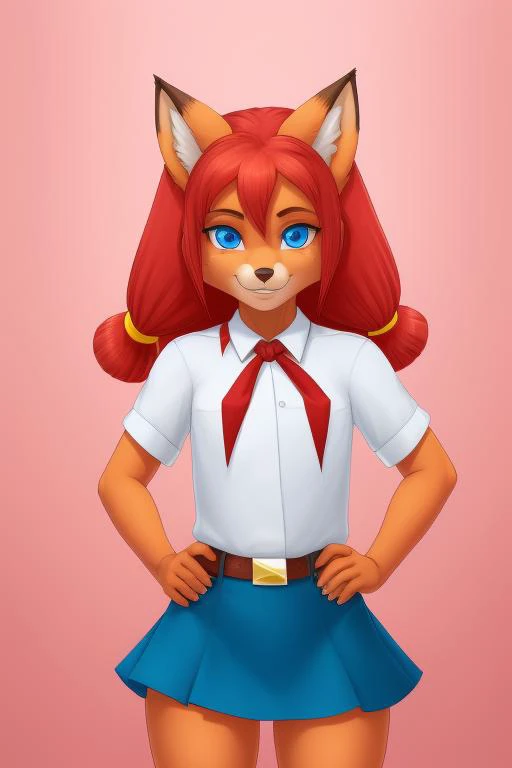 <lora:HorokusaKitsune-LoCon32:0.5>, fox, front view, (cowboy shot), ((full height)), (fox tail), fox ears,
<lora:Us_V1:0.8>, us, blue eyes, low twintails, red hair, hands on hips, smirk, teeth,
<lora:sopi:0.5>, sopi, red tie, white shirt, short skirt, (high quality:1.2), masterpiece, detailed, highres, 4k, sharp focus, detailed face, (perfect face:1.3), beautiful face