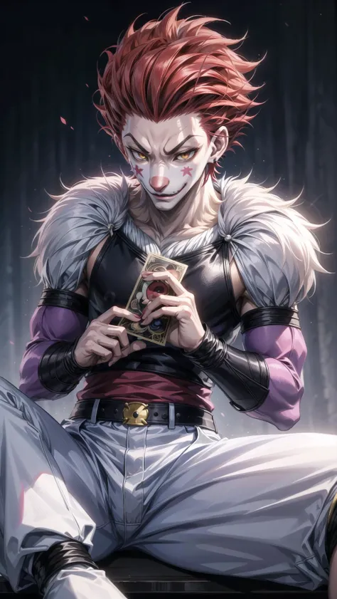 ((( 1boy, Hisoka, HUNTER x HUNTER, Furry boy, body fur, pelt, ))), <lyco:Transform Characters into Furry Fox Girls:0.8> <lora:add_detail:0.2> <lora:hxh_hisoka:0.5> BREAK,
yellow eyes, red hair, Joker, BREAK,
on stage, holding playcard,, masterpiece, best quality, hyperrealistic, extremely detailed, highly quality, 4k, sharp focus, professional photograph, sharp focus, award winning, cinematic lighting, octane render, unreal engine, volumetrics dtx, Wallpaper,