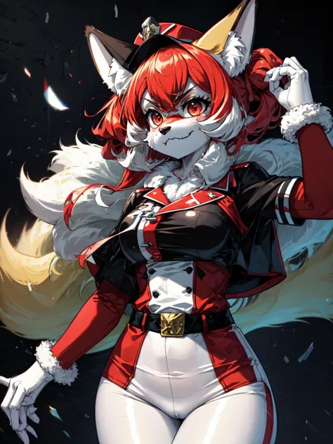 best quality,<lora:add_detail:0.3>, (1girl, solo, adult female, mature female), <lora:detailed_eyes:1>, <lora:concept_goodHands:1>, red hair, twist-out haircut, red eyes,
<lora:concept_kitsuneAi:0.9>, (furry:1.2, fluffy fur:1.2), detailed fur, fox girl, claws, (body fur:1.4), fox ears, fox tail,
<lora:concept_changeACharacter_AnimeOfficer_(OfficerA):0.9>, OfficerA, OfficerA hat, serious face, frown, stern face, angry, fangs, military uniform, pants, tight clothes, (cameltoe)
