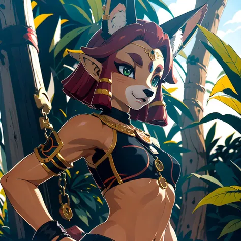 masterpiece, best quality, 1z_riju\(totk\), <lora:riju_v2:0.8>, fox, body_fur, Beautiful Art Style, 1girl, young woman, Arm chains, emotionally charged, jungle, arm behind back, <lora:HorokusaKitsune-LoCon32:1>