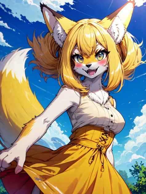 best quality,<lora:add_detail:0.3>, (1girl, solo, adult female, mature female), <lora:detailed_eyes:1>, <lora:concept_goodHands:1>, dark blue hair, twist-out haircut, aquamarine,
<lora:concept_kitsuneAi:1>, (furry:1.2, fluffy fur:1.2), detailed fur, fox girl, claws, (body fur:1.4), fox ears, fox tail,
<lora:concept_costume_virginKillerOutfit_v10_(virgin killer outfit):0.9>, high waist skirt, sleeveless, white shirt, light blush, blue sky, billowing skirt, windy, smile, fangs, cute, tight shirt, narrow waist,