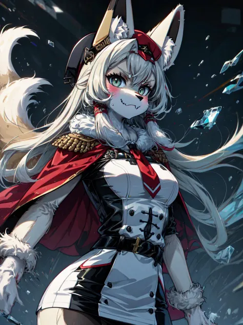 best quality,<lora:add_detail:0.3>, (1girl, solo, adult female, mature female), <lora:detailed_eyes:1>, <lora:concept_goodHands:1>, silver hair, messy hair, ice blue, smokey eyeliner,
<lora:concept_kitsuneAi:0.9>, (furry:1.2, fluffy fur:1.2), detailed fur, fox girl, claws, (body fur:1.4), fox ears, fox tail,
<lora:concept_changeACharacter_AnimeOfficer_(OfficerA):0.9>, OfficerA, OfficerA hat, serious face, frown, stern face, angry, fangs, military uniform, pencil skirt, tight clothes, cape, epaulets,