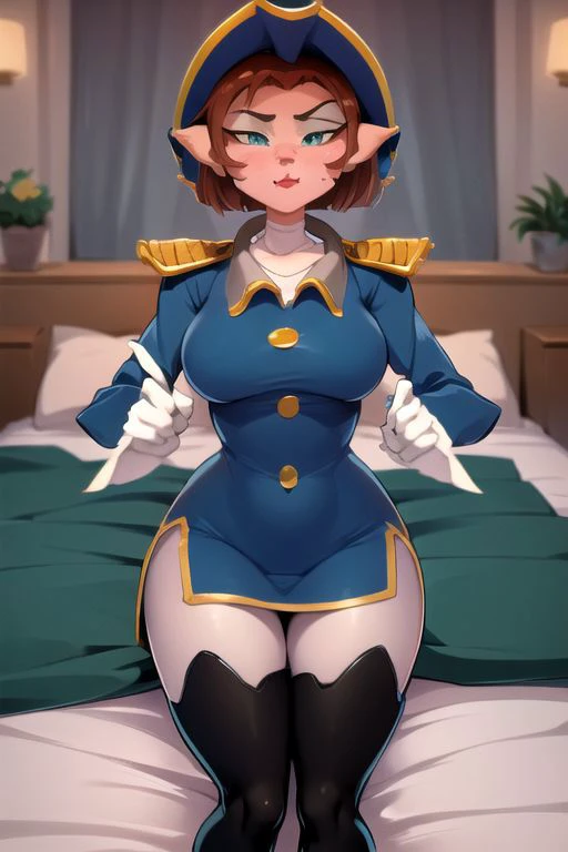 (blue uniform, thigh highs, thighhighs, thigh boots, white pantyhose, gloves, hat, epaulettes, pants), pointy ears, AmeliaCapWaifu, <lora:Treasure Planet, Captain Amelia[v1.0] by YeiyeiArt:0.8> masterpiece, best quality, absurdres, beautiful and aesthetic, detailed:1.1), sexy pose, blue eyes, looking at viewer, blush, white elbow gloves, white stockings, hands, hourglass body, massive breasts, wide hips, royal ship, in the bedroom, lush bed, cinematic lighting, daylight, sharp focus, epic composition