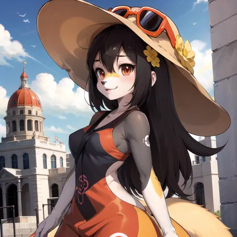 masterpiece, best quality, sightseer_pokemon, <lora:sightseer:0.8>, fox, body_fur, Beautiful Art Style, 1girl, young woman, devil costume, surreal, capitol building, walking, <lora:HorokusaKitsune-LoCon32:1>