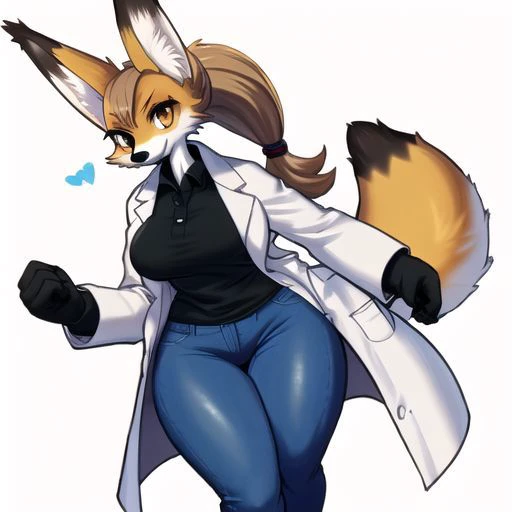 Thick thighs, medium breasts, Orange furry female Fox, Lab coat, blue jeans, blue collared shirt, bob hairstyle with a ponytail, somewhat messy, brown hair, skinny