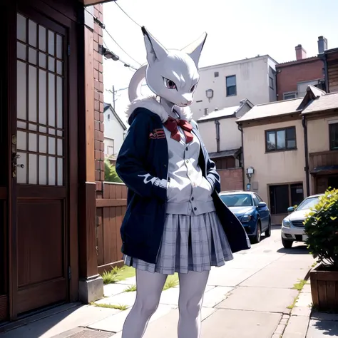 masterpiece, best quality, Mewtwo, pokemon_creature, non-human, <lora:mewtwo:0.6>, fox, body_fur, Beautiful Art Style, 1girl, young woman, gingham dress, cardigan, and ballet flats, characteristic, Alphonse Mucha, hands in pockets, <lora:HorokusaKitsune-LoCon32:1>