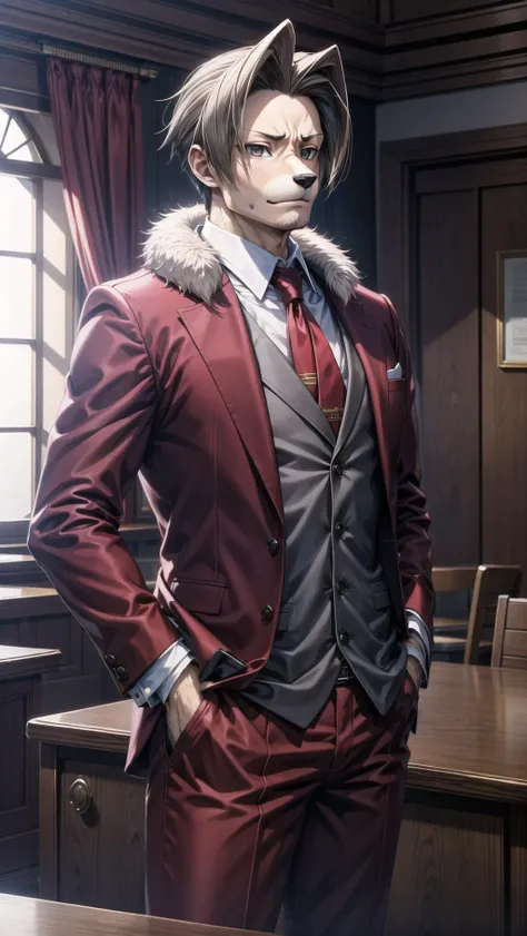 ((( 1boy, Miles Edgeworth, Ace Attorney, Furry boy, body fur, pelt, ))), <lyco:Transform Characters into Furry Fox Girls:0.8> <lora:add_detail:0.2> <lora:Miles Edgeworth - Ace Attorney:0.5> BREAK,
grey eyes, greyish-brown hair, center parting, red suit, white jabot, serious look, BREAK,
in courtroom,, masterpiece, best quality, hyperrealistic, extremely detailed, highly quality, 4k, sharp focus, professional photograph, sharp focus, award winning, cinematic lighting, octane render, unreal engine, volumetrics dtx, Wallpaper,