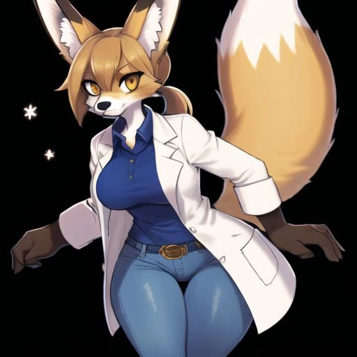 Thick thighs, medium breasts, Orange furry female Fox, Lab coat, blue jeans, blue collared shirt, bob hairstyle with a ponytail, somewhat messy, brown hair, skinny