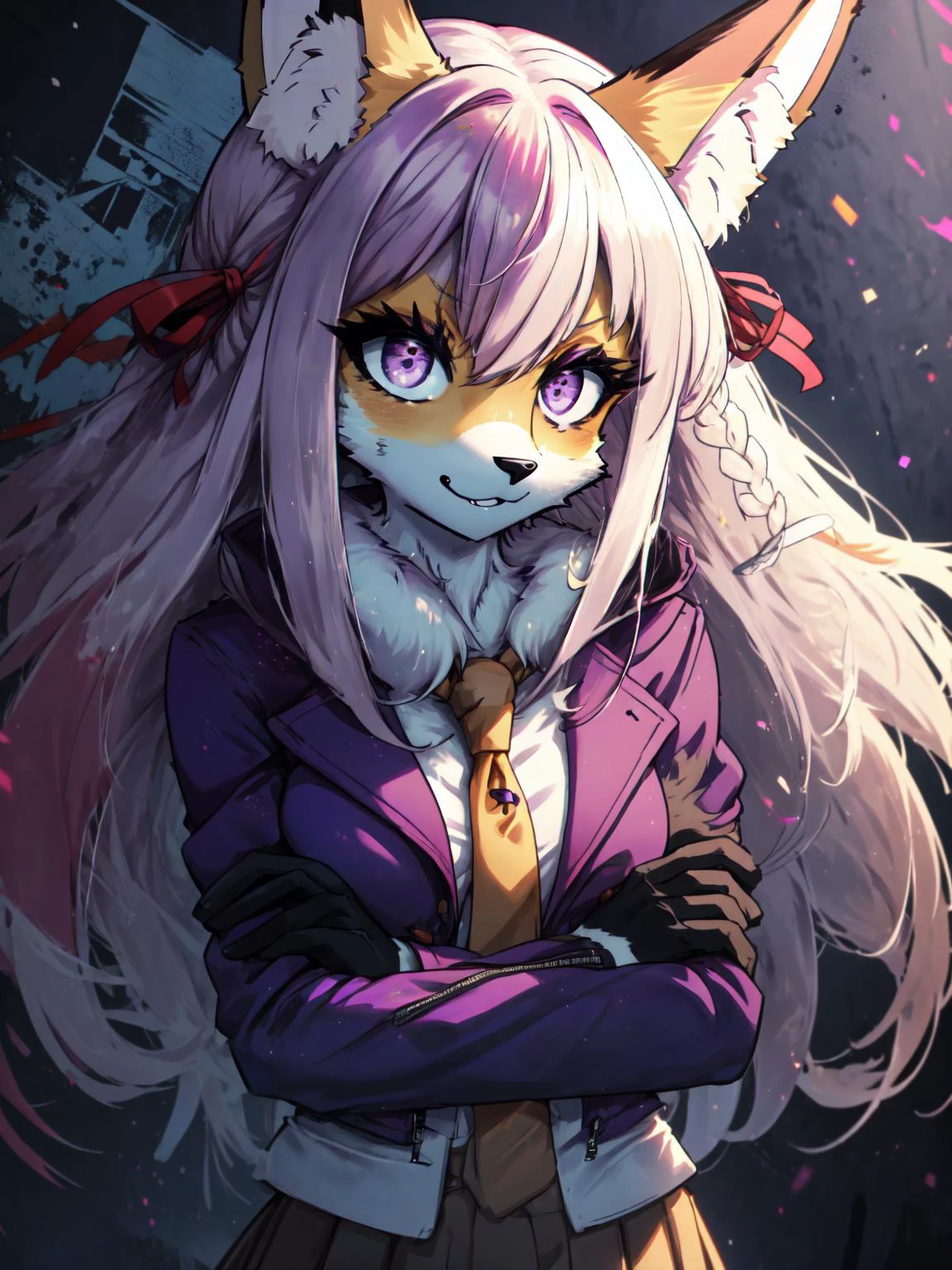 best quality,<lora:add_detail:0.3>, (1girl, solo, adult female, mature female), <lora:detailed_eyes:1>, <lora:concept_goodHands:1>,
<lora:concept_kitsuneAi:1.1>, (furry:1.2, fluffy fur:1.2), detailed fur, fox girl, (body fur:1.4), fox ears, fox tail,
<lora:character_kirigiriKyoko_trigger_kyokodg:0.8>, kyokodg, skirt, purple jacket, purple hair, purple eyes, neutral face, necktie, white blouse, gloves, crossed arms
