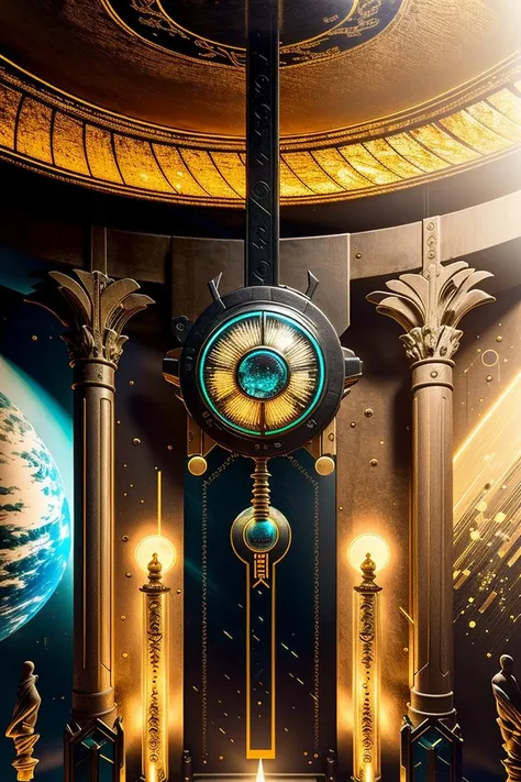 a clock on a wall with a statue in front of it , weapon, sword, no humans, clock, planet, roman numeral , building, city, ((no_humans, scenery , Beeple, cyberpunk style, cyberpunk art, retrofuturism , occult , esoteric ))