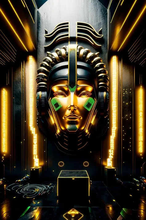 a gold face on a wall with a snake , solo, no humans, traditional media, tentacles, statue , building, city, ((no_humans, scenery , Beeple, cyberpunk style, cyberpunk art, retrofuturism , occult , esoteric ))
