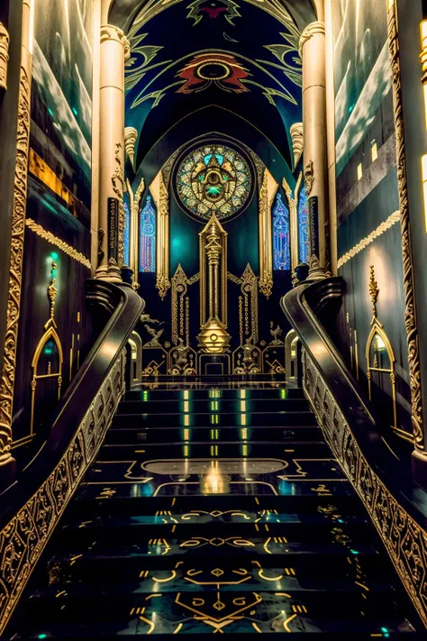 a stairway with a mural of a mountain and a church , red eyes, no humans, stained glass, church , building, city, ((no_humans, scenery , Beeple, cyberpunk style, cyberpunk art, retrofuturism , occult , esoteric ))