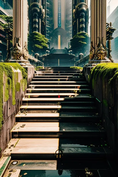 a painting of a stairway leading to a garden , multiple girls, outdoors, multiple boys, water, scenery, 6+boys, stairs, statue , building, city, ((no_humans, scenery , Beeple, cyberpunk style, cyberpunk art, retrofuturism , occult , esoteric ))