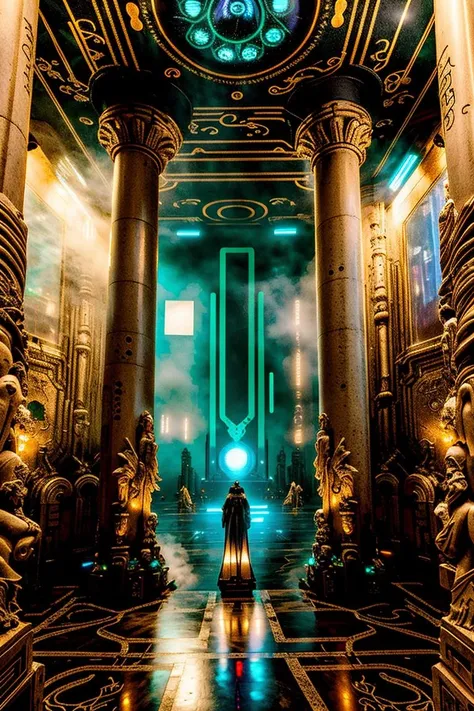 a man standing in a room with a mural on the wall , solo, sky, no humans, watermark, scenery, statue , building, city, ((no_humans, scenery , Beeple, cyberpunk style, cyberpunk art, retrofuturism , occult , esoteric ))