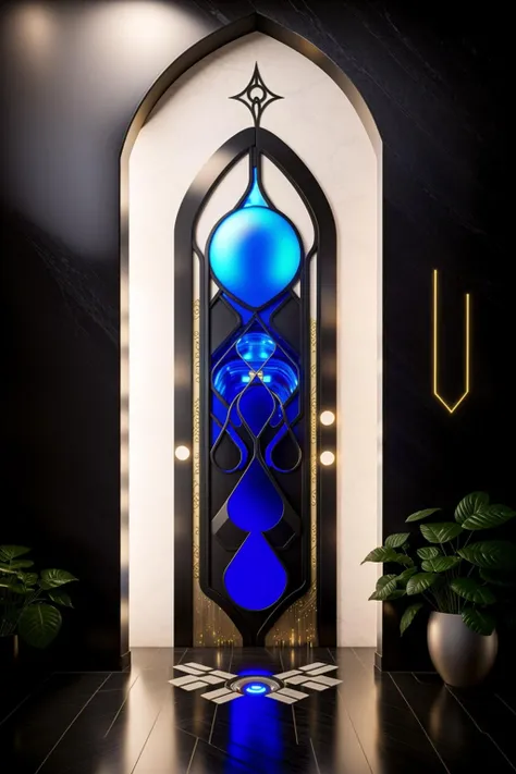 a blue glass sculpture in a doorway of a building , 1girl, solo, long hair, black hair, nude, lying, water, leaf, traditional media, painting (medium), watercolor (medium) , building, city, no_humans, scenery , Beeple, cyberpunk style, cyberpunk art, retrofuturism , occult , esoteric