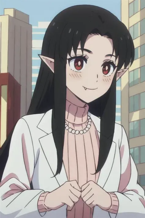 <lora:AkemiV1:.8>, akemi, 1girl, pointy ears, solo, fang, long hair, black hair, red eyes, (white jacket), necklace, jewelry, sweater, blush, fang out, smile, pearl necklace, upper body, ribbed sweater, turtleneck, city, outside