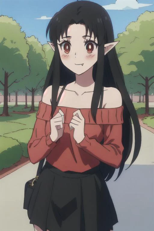 <lora:AkemiV1:.8>, akemi, 1girl, pointy ears, solo, fang, long hair, black hair, red eyes, blush, fang out, smile,off-shoulder_ sweater, skirt, outdoors, park