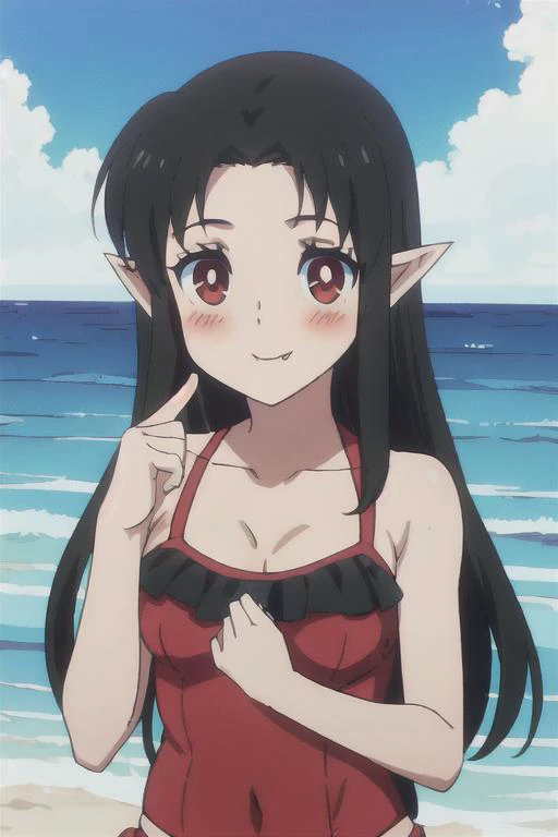<lora:AkemiV1:.8>, akemi, 1girl, pointy ears, solo, fang, long hair, black hair, red eyes, blush, fang out, smile, swimsuit, ocean, outside