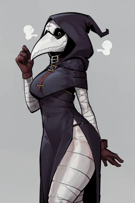 plague doctor mask, black thong bikini, black leather boots, black leather gloves, raven feather coat, large breasts, long black hair, green eyes