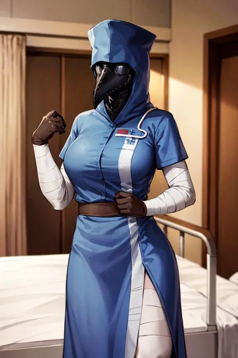 plague doctor, 1girl, solo, hood, mask, gloves, faceless, plague doctor mask, tall, bandage, breasts, ((doctor, first aid kit, infirmary, nurse, nurse cap, hospital bed, hospital, hospital gown))