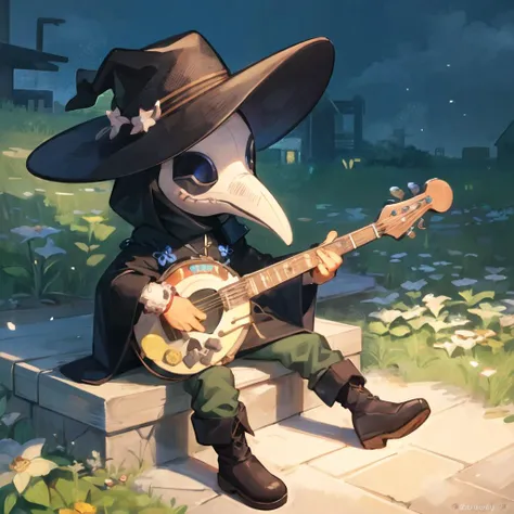 full body color illustration of a chibi male plague doctor playing a (intricately detailed banjo), sitting on stairs, farm background, leather boots, cowboy hat, straight strings, straight fret board, flowers painted on mask, long flowing embroidered black caftan, mage_glam, pants, flowers, singing birds, rainbow, noon
, best quality, masterpiece, intricately detailed, bokeh
<lora:plague doctor:0.5> <lora:blackMageFashion_v11:0.5> <lora:limpid chibi:0.6>