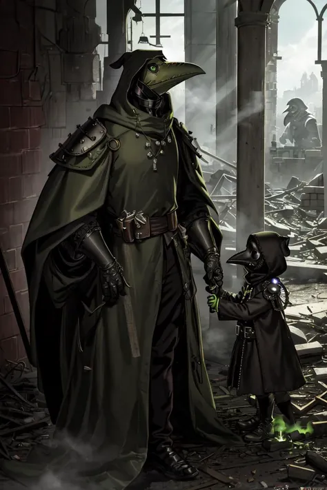 highres, sharp focus, pixiv masterpiece, ((intricate details)), highly detailed, green gas, green smoke, green fog, plague doctor, 1boy, hood, mask, gloves, faceless, plague doctor mask, bandage, tabard, medieval, tall, muscular, standing, in ruins, outdoors, <lora:plague doctor:0.8>