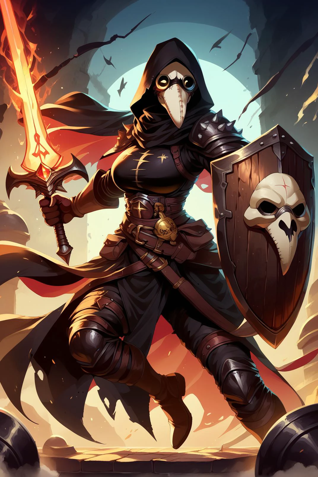 1girl, holding sword and shield, <lora:Pony_Weapon_Sword__Shield_-_By_HailoKnight:0.85> <lora:plaguedoctor_pdxl_:1> hood, mask, gloves, faceless, plague doctor mask, plague doctor,, score_9, score_8_up, score_7_up,