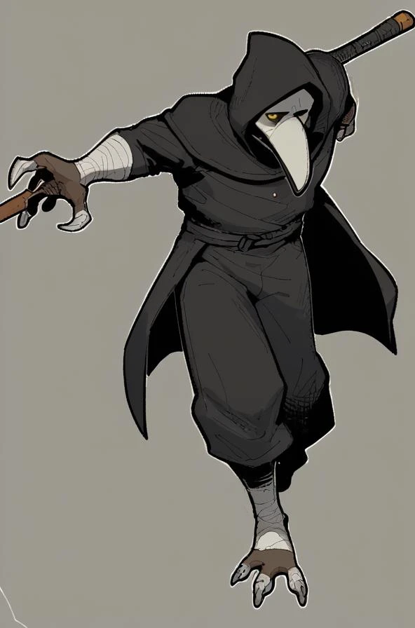 score_9, score_8_up, score_7_up, score_6_up, score_5_up, score_4_up, source_anime, plague doctor, crow feet, quarterstaff, monk, black robe, dynamic pose, male, 1boy, <lora:plaguedoctor_pdxl_:1> plague doctor, , <lora:InkedPony:1> 1nk4d, outlines, inked art
