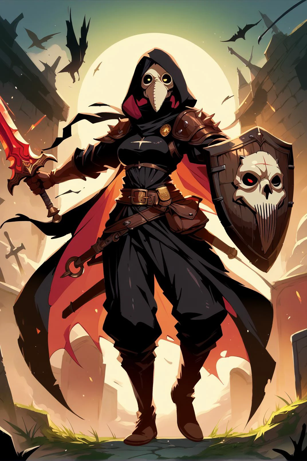 1girl, holding sword and shield, <lora:Pony_Weapon_Sword__Shield_-_By_HailoKnight:0.85> <lora:plaguedoctor_pdxl_:1> hood, mask, gloves, faceless, plague doctor mask, plague doctor,, score_9, score_8_up, score_7_up,