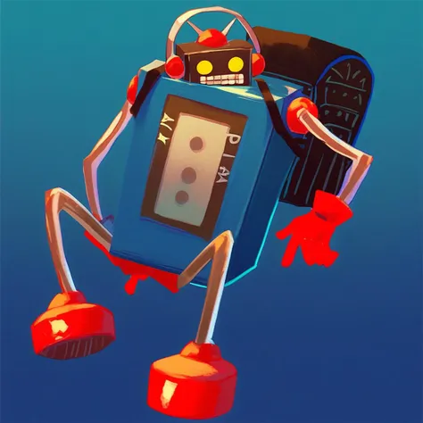 score_9, score_8_up, score_7_up, best quality, masterpiece, gradient background, blue background, full body, 1boy, solo, no humans, mecha, robot, red gloves, backpack, yellow eyes, teeth, headphones, robot ears, red footwear