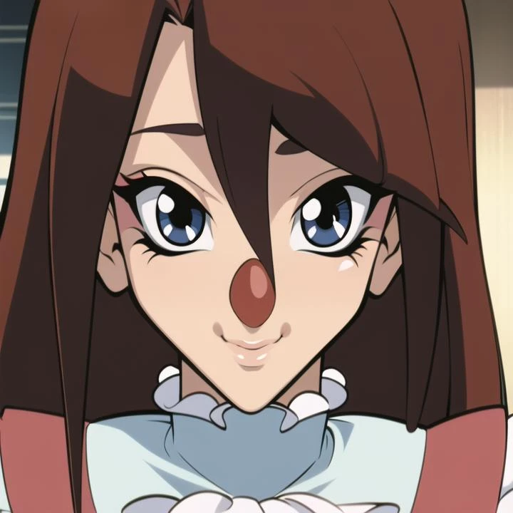 (masterpiece, best quality), TakahiroKagami, 1girl, blue eyes, round eyes, feminine, cute, clown makeup, red hair, long hair, edgClussy, clown nose <lora:takahirokagamiyugioh-midpoint:0.8> <lora:edgClussy_retrained-v2.1:0.45>