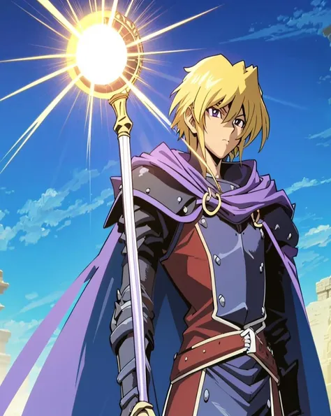 1boy, bright blue & purple knight, TakahiroKagami, <lora:takahirokagamiyugioh-overbaked:0.7>
