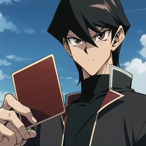 (masterpiece, best quality), TakahiroKagami, 1boy, black hair, medium hair, sharp eyes, brown eyes, black jacket, red undershirt, serious, cool pose, blue sky, picking card, <lora:takahirokagamiyugioh-000004:0.6>