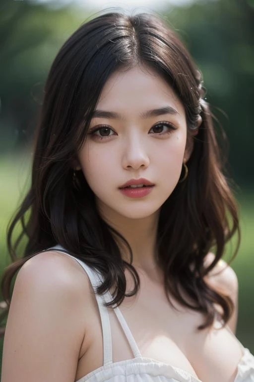 (MASTERPIECE:1. 2), (REALISTIC:1. 4), (POST PROCESSING:1. 3), (SHARP FOCUS:1. 3), 8K, mid body shot (85mm photo) , A Woman, Portrait, outdoor, Empire Waist dress, bokeh, wavy hair , (highly detailed body, highly detailed face, highly detailed eye, best quality:1. 2)