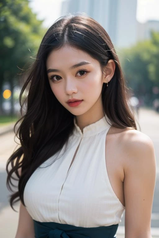 (MASTERPIECE:1. 2), (REALISTIC:1. 4), (POST PROCESSING:1. 3), (SHARP FOCUS:1. 3), 8K, mid body shot (85mm photo) , A Woman, Portrait, outdoor, Empire Waist dress, bokeh, wavy hair , (highly detailed body, highly detailed face, highly detailed eye, best quality:1. 2)