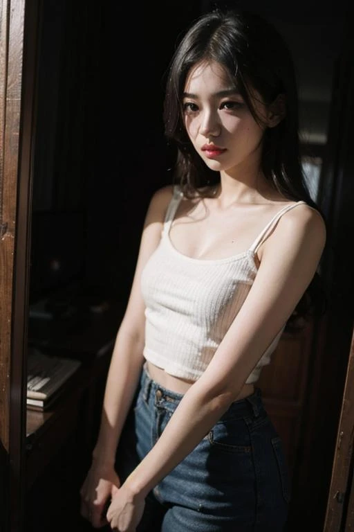 Young Japanese Woman,　jeans,　White tank top,　From an angle looking up from the feet